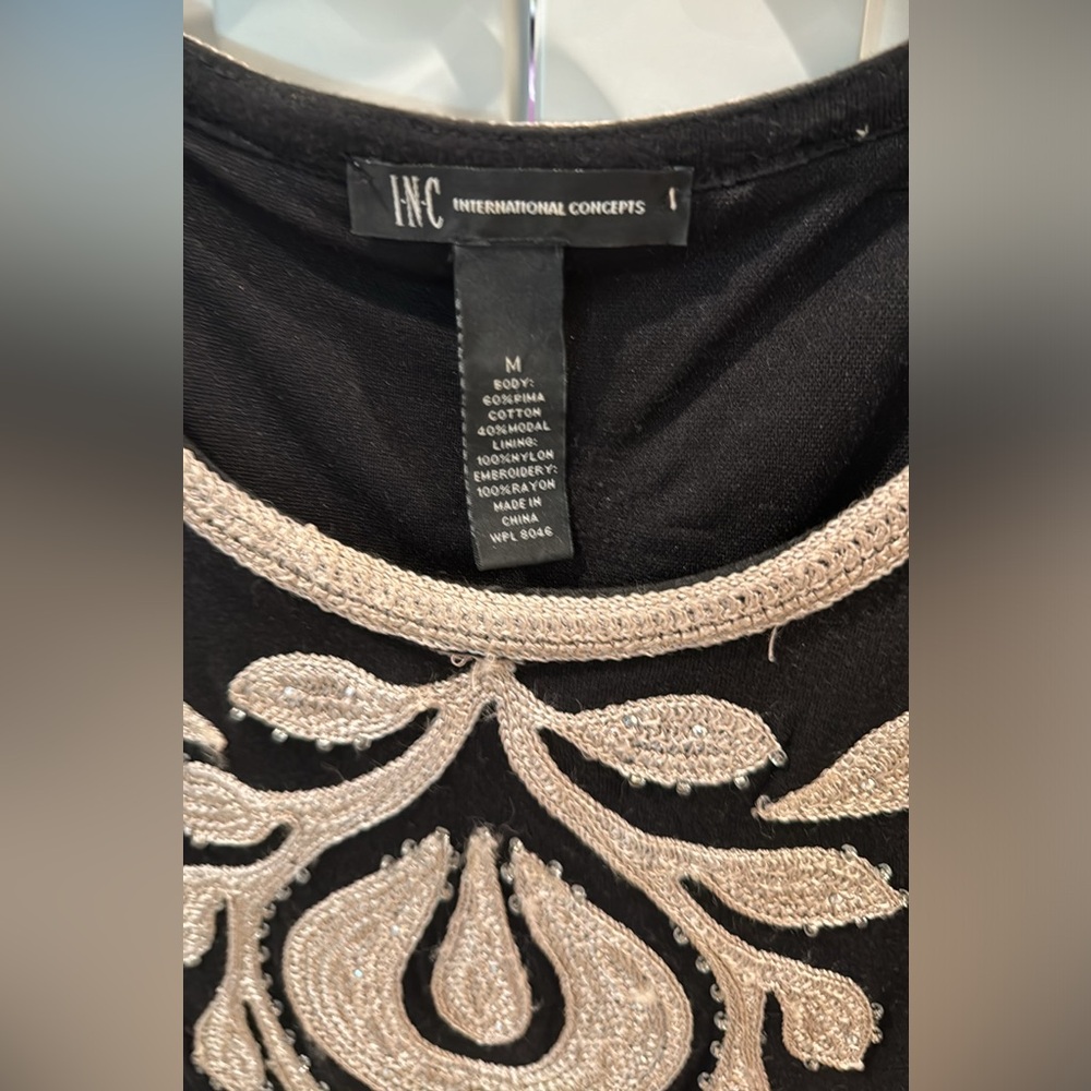 INC International Concepts Knit Sheath Sleeveless Beaded Applique Dress Black M - Picture 2 of 6